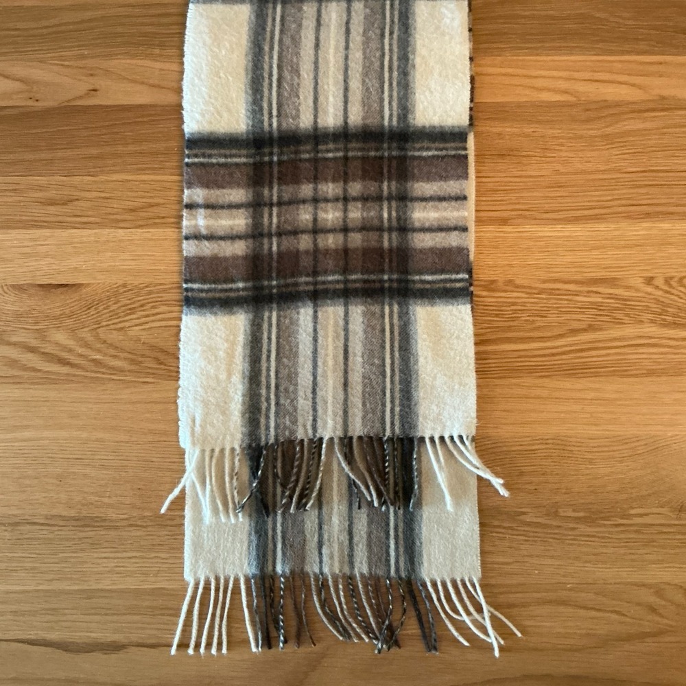 Perry Ellis 100% Cashmere Plaid Scarf‎ Made in Germany Fringe Ivory Brown Gray